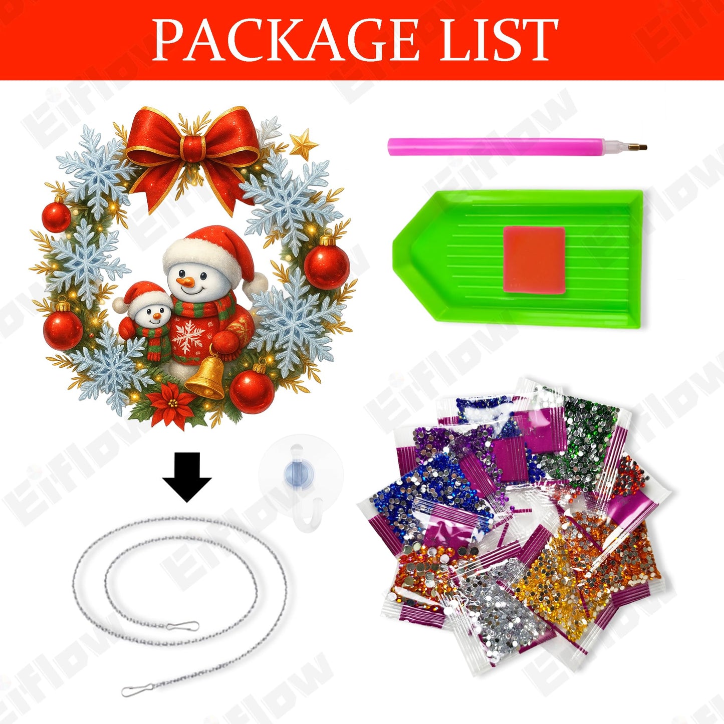 Eiflow Christmas Diamond Art Hanging Kit for Adults, DIY Diamonds Painting Door Hanger Board Kit, Special Crystal Diamond Art Painting Pendant Ornament (Wreath Snowman)