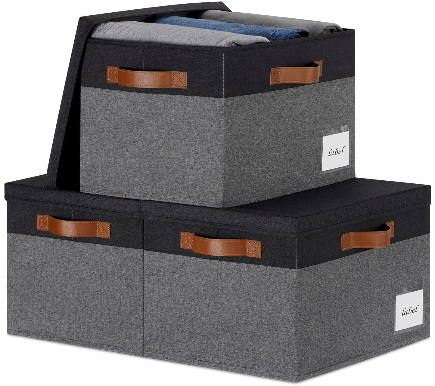 PFFVRP Large Storage Bins with Lids, Foldable Fabric Storage Baskets with Lids, Sturdy Storage Boxes with Labels and 3 PU Handles for Closet Home Bedroom Office (26L, 3 Packs, Grey&Black)