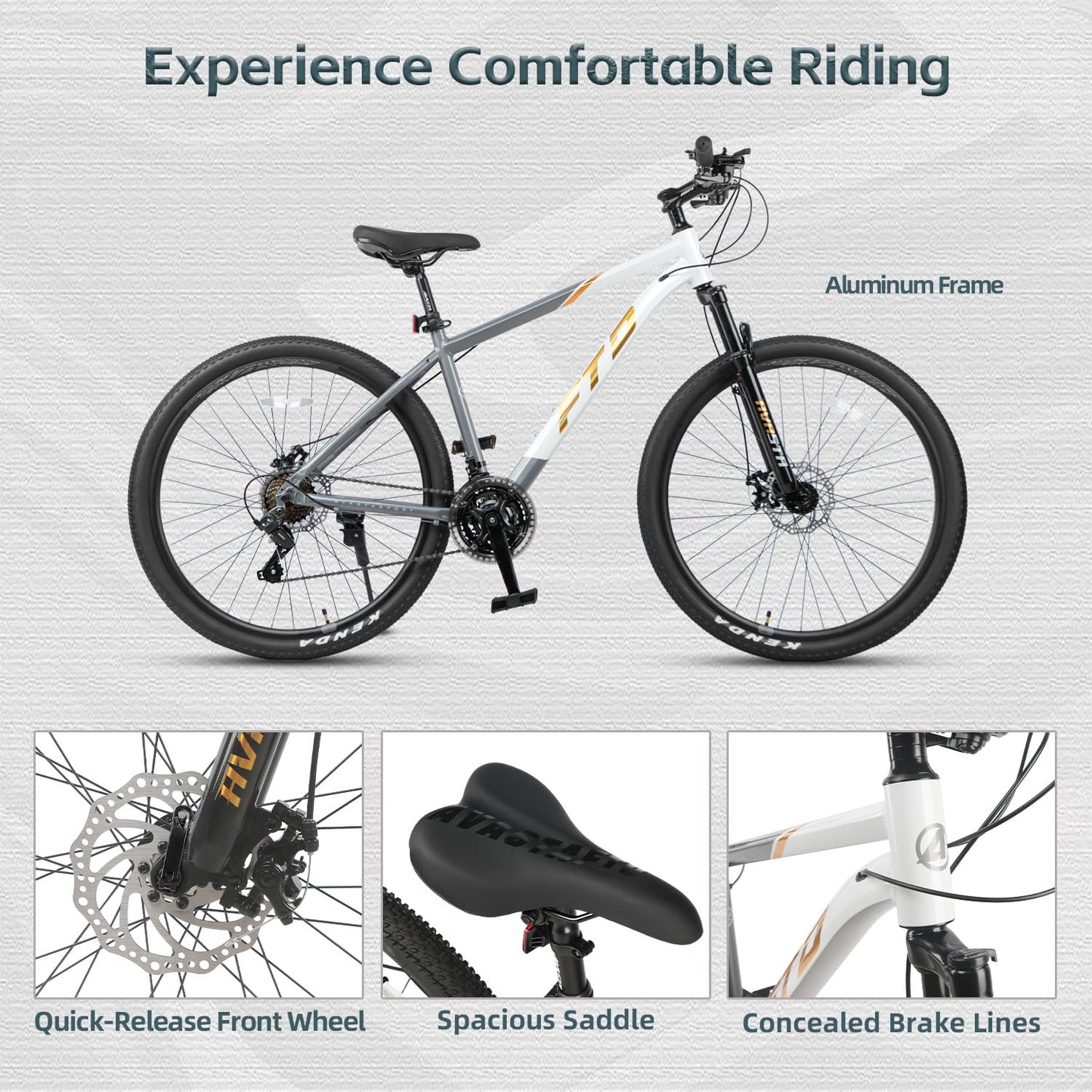 AVASTA 27.5-inch Mountain Bike for Man Male and Woman Female Adult with Lightweight Aluminum Alloy Frame and Dual Disc Brakes,Front Suspension,21-Speed Gear Shifters,Hidden Brake Cables,Golden