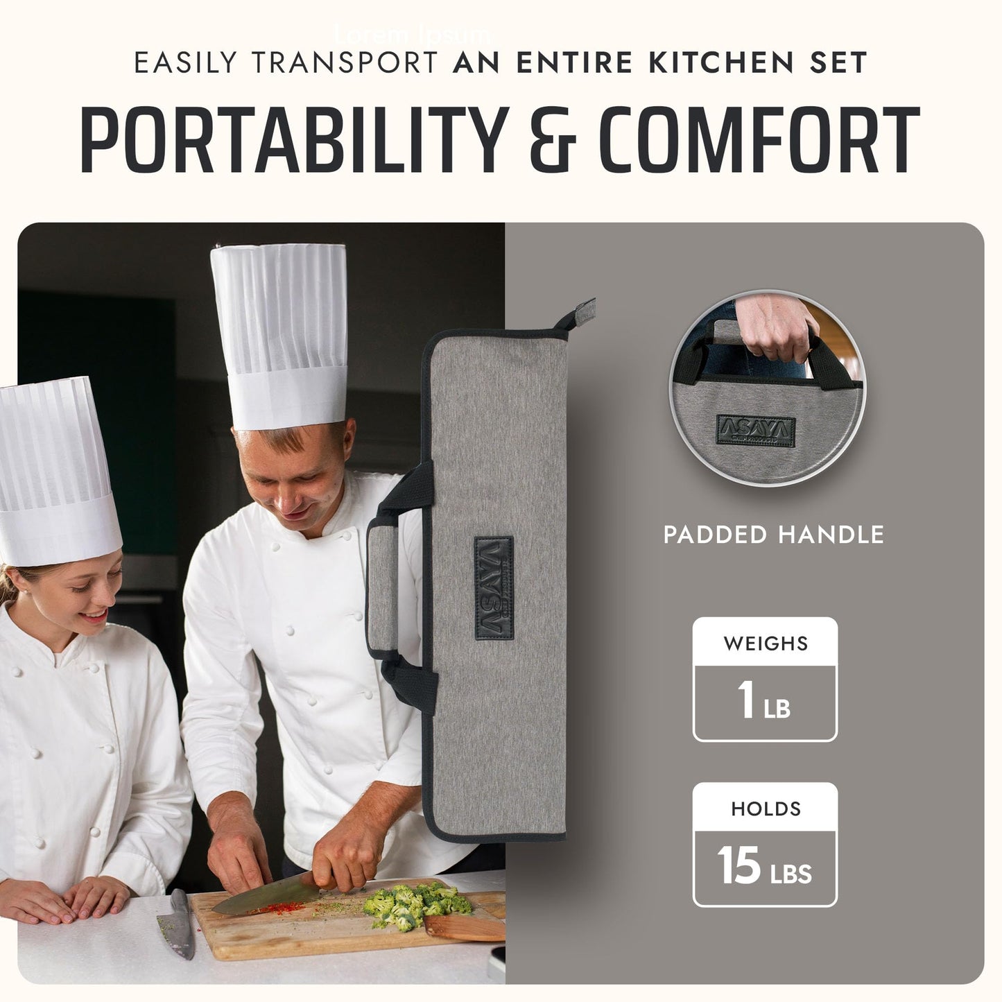 Asaya Chef Knife Roll Bag - 12-Pocket Chefs Case for Kitchen Knives and Utensils, Lightweight Stain-Resistant Waxed Nylon Chef Knife Bag - Knives Not Included (Grey)