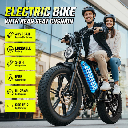 Electric Bike for Adults, Peak 1500W Motor, 30 MPH 60 Miles, 20"x4.0" Fat Tire Retro E Bike, 48V 15Ah Removable Battery, 7-Speed Ebkie for City Commuting, Off-Roading, Mountain, UL 2849 Carbon Black