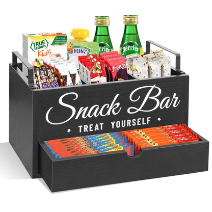 Snack Organizer for Countertop, Wood Pantry Storage Bins with Handles, Snack Bar Organizer for Kitchen, Office, 4 Compartment Food Container Snack Box with Drawer, Pantry Organizer for Chips, Candy