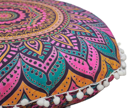 22 Inches Round Mandala Floor Pillow Cover Seating Cushion Throw Cover Ottoman Pouf Cover Pom Pom Pillow Cases Hippie
