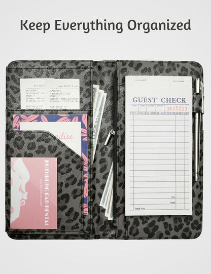 Server Book for Waitress Book with Zipper Pocket and Magnetic Closure, 5"×9" Grey Leopard Cute Server Wallet with Money Pocket, Restaurant Waitstaff Organizer Fit Server Apron