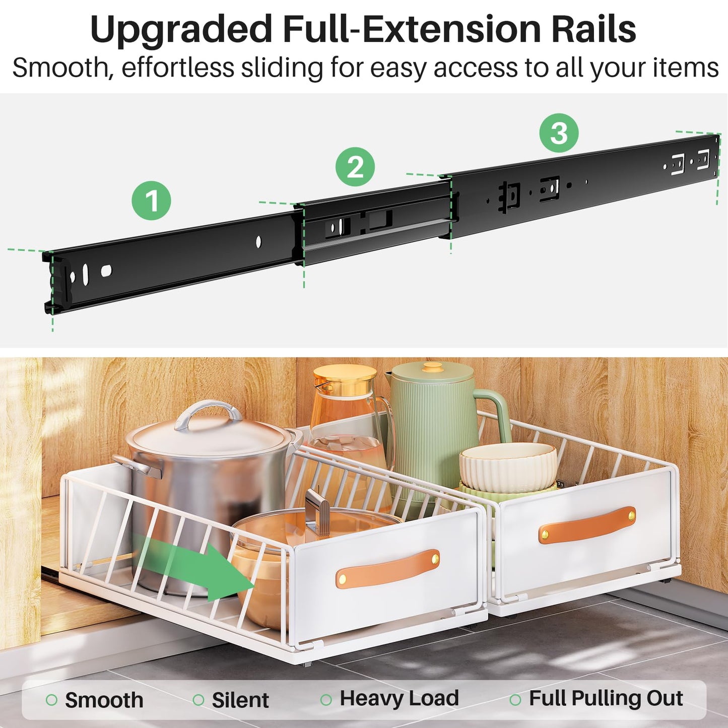 Pull out Cabinet Organizer,Heavy Duty Slide out Pantry Shelves Drawer Storage with Adhesive Nano Film,Sliding Mesh Cabinet Basket with Handle for Kitchen, Bathroom, Home, 11.8W" X 15.7"D X 6.2"H,White