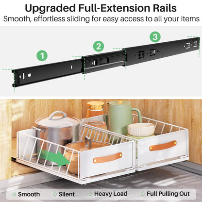 Pull out Cabinet Organizer,Heavy Duty Slide out Pantry Shelves Drawer Storage with Adhesive Nano Film,Sliding Mesh Cabinet Basket with Handle for Kitchen, Bathroom, Home, 11.8W" X 15.7"D X 6.2"H,White
