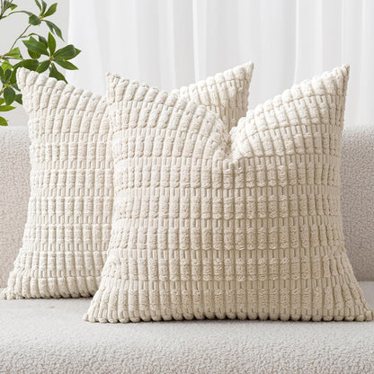 MIULEE Euro Sham Pillow Covers - Soft Boho Striped Corduroy | Set of 2, 22x22 Inch, Cream White