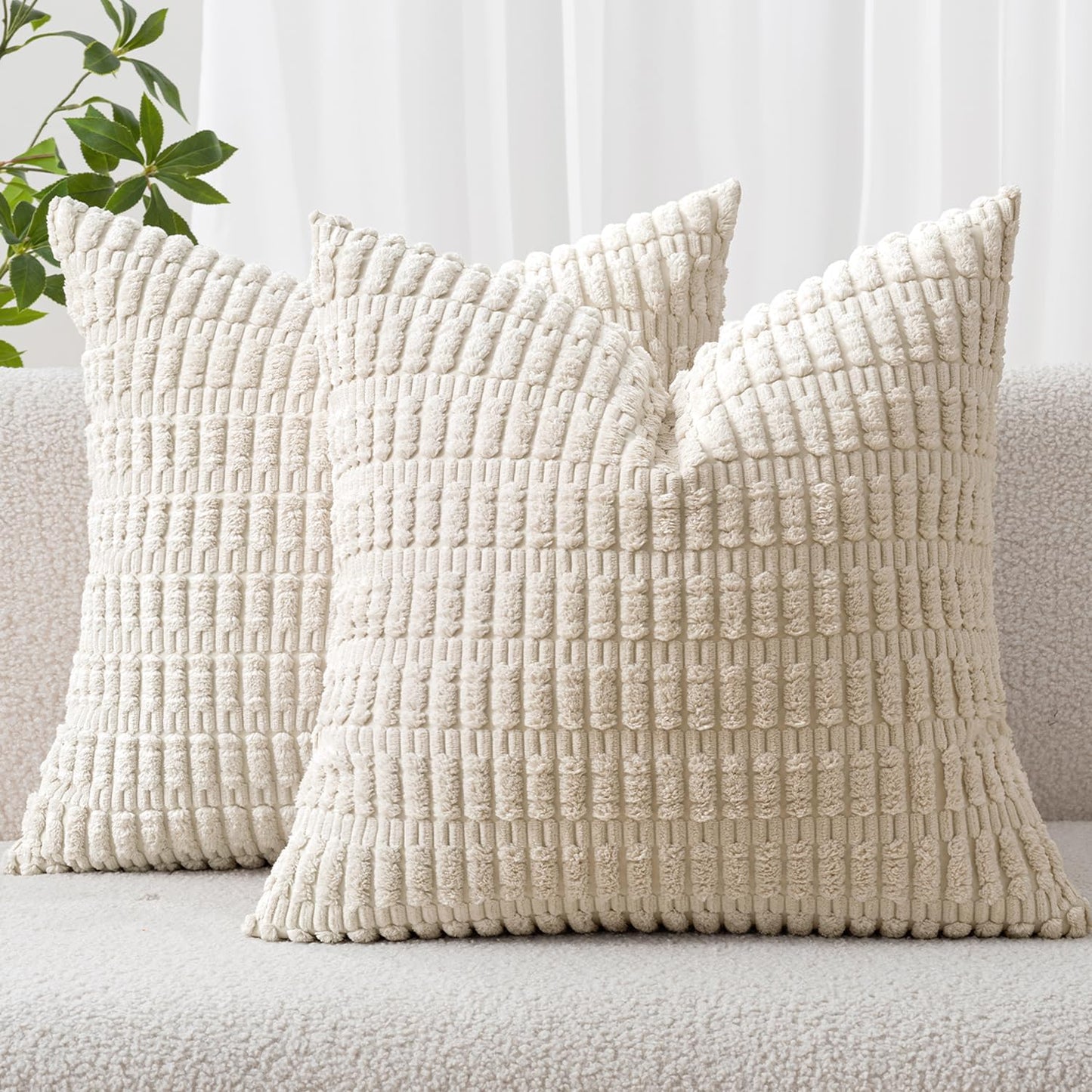 MIULEE Corduroy Throw Pillow Covers - Soft Boho Striped Design | 12x12 Inch Cream White Decor