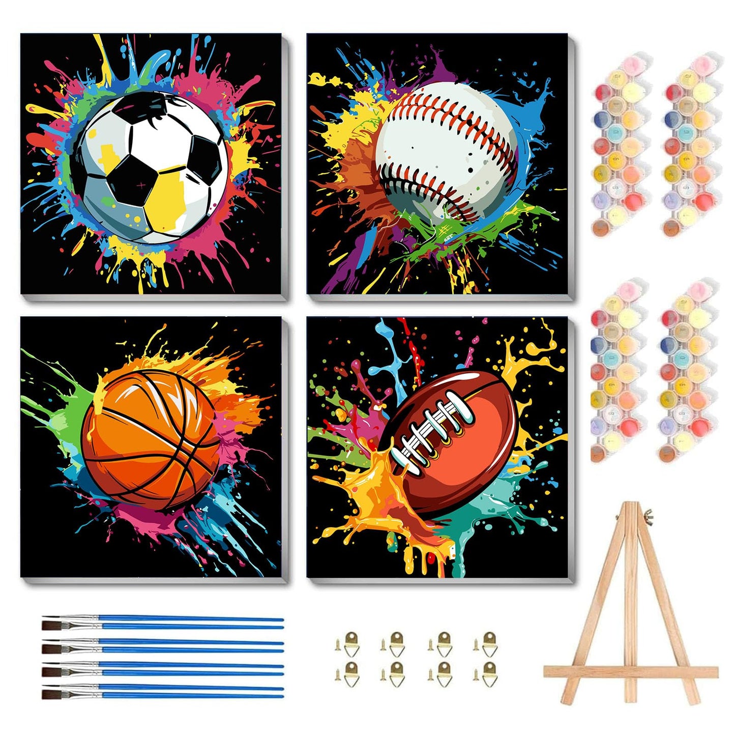 bleihum 4 Pack Paint by Numbers Kit for Kids with Frame Wooden Easel, Easy Paint by Number Kids Sports, DIY Acrylic Oil Football Painting by Numbers for Home Wall Decor 8x8 Inch