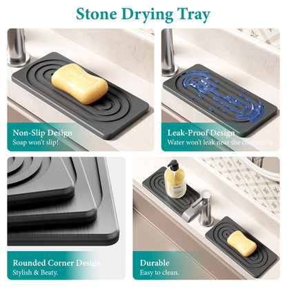 MAGKOTA Water Absorbing Stone Tray for Sink, Quick Drying Diatomite Bathroom Tray Countertop, Stone Drying Mat for Kitchen Counter Faucet, Soap Dish Dispenser Vanity Organizer, Dark Grey-B-8.3" x 4"