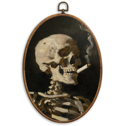 SONMYSULIL Funny Gothic Skeleton Wall Art Decor, Whimsical Goth Oval Wall Hanging Decor, Antique Moody Smoking Skeleton Framed Canvas Prints for Home Bedroom Living Room, 8.6x11.4 Inch