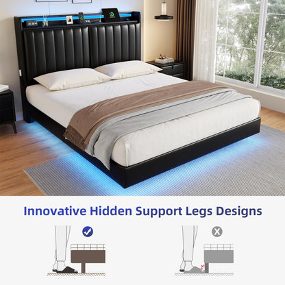 Jocoevol Queen Size Floating Bed Frame with Ergonomic Hidden Storage Headboard and LED Lights, Visual Floating LED Bed Frame with Charing Station, Leather Upholstered Platform Bed, Heavy Duty, Black