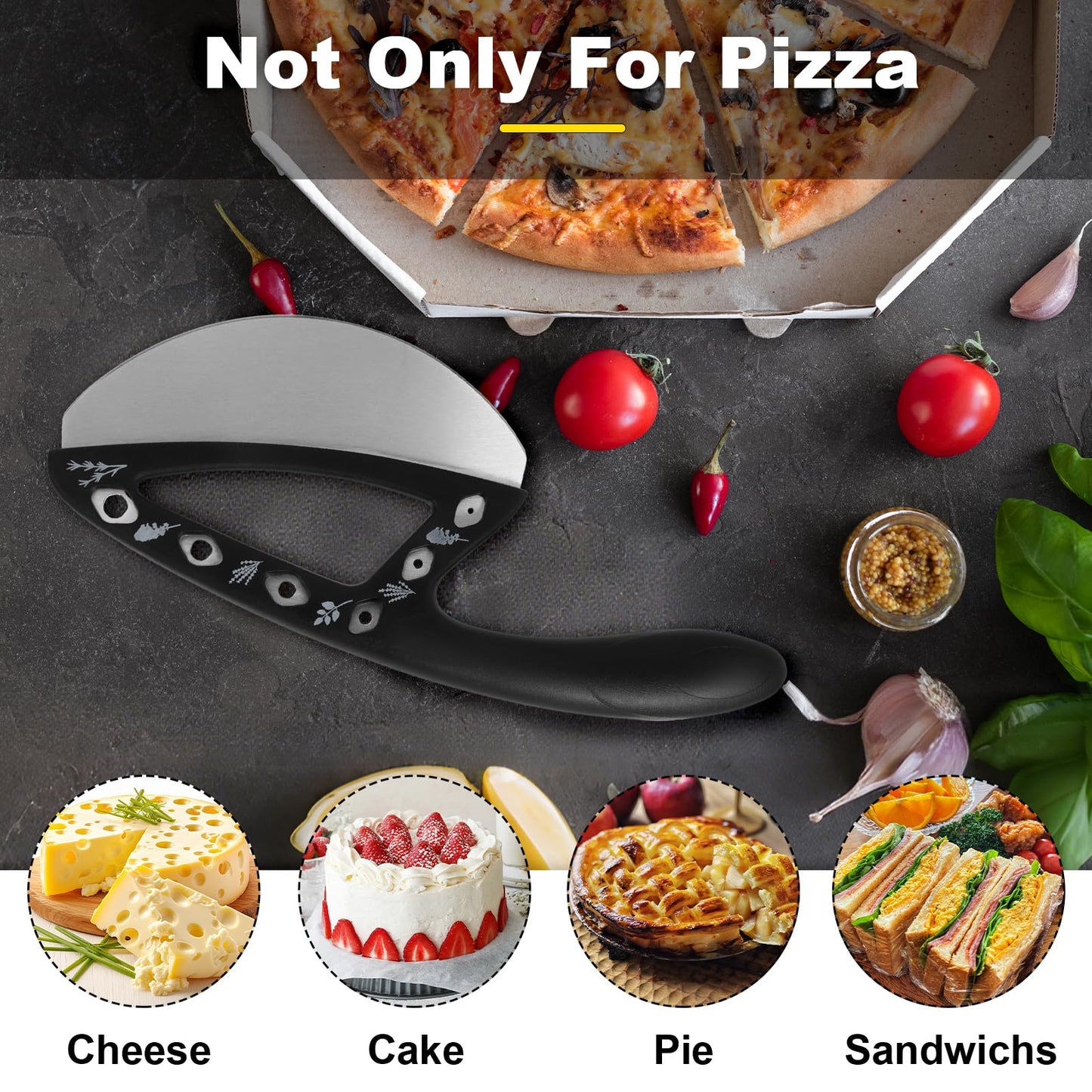 2-in-1 Pizza Cutter Rocker Blade with Herb Stripper Holes, Sharp Stainless Steel Pizza Knife with Protective Cover, Dishwasher Safe,Herb Stripping Tool for Basil,Rosemary