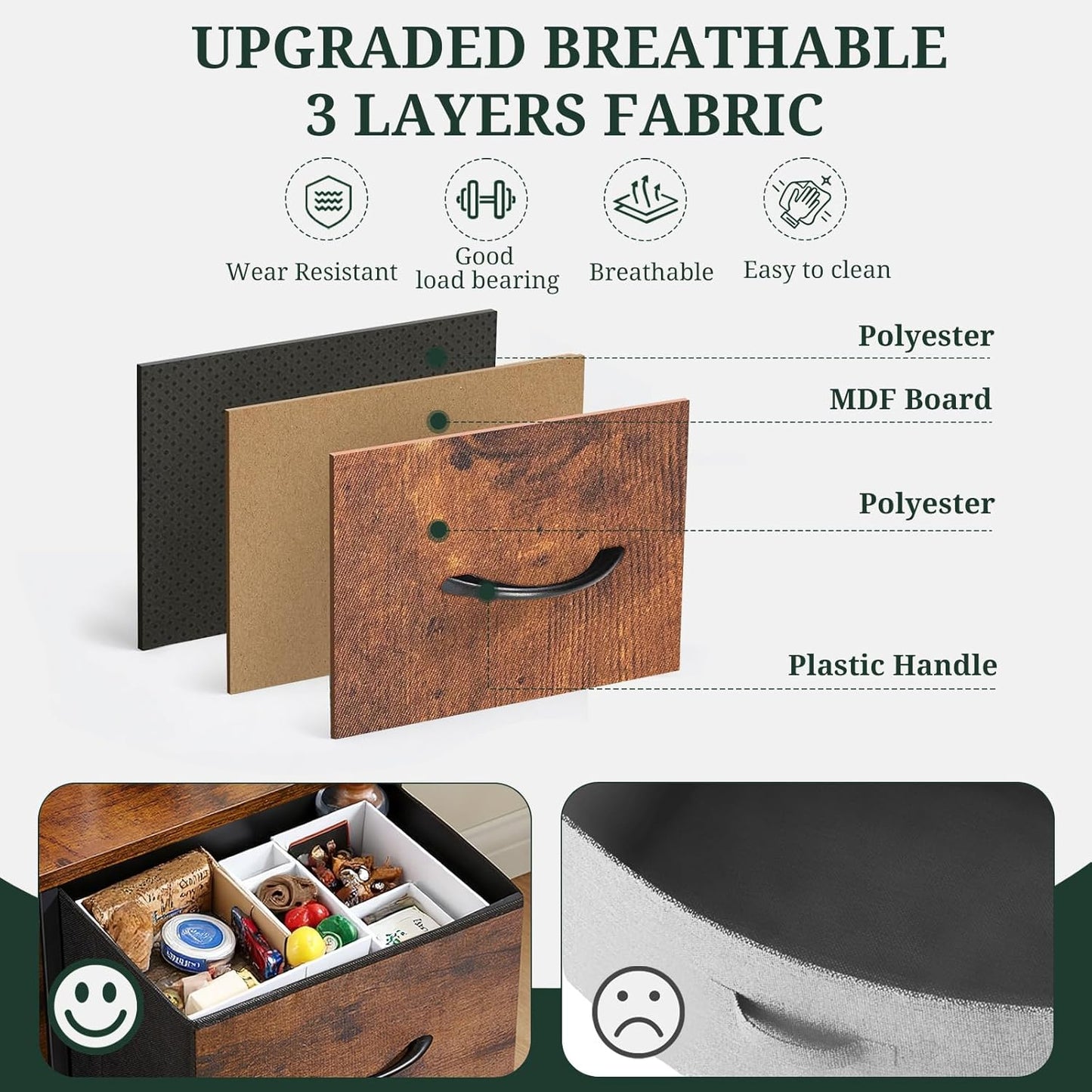 Regine Switzerland 5-Drawer Dresser - Anti-Tip Fabric Storage Organizer with Wooden Top | Brown Finish