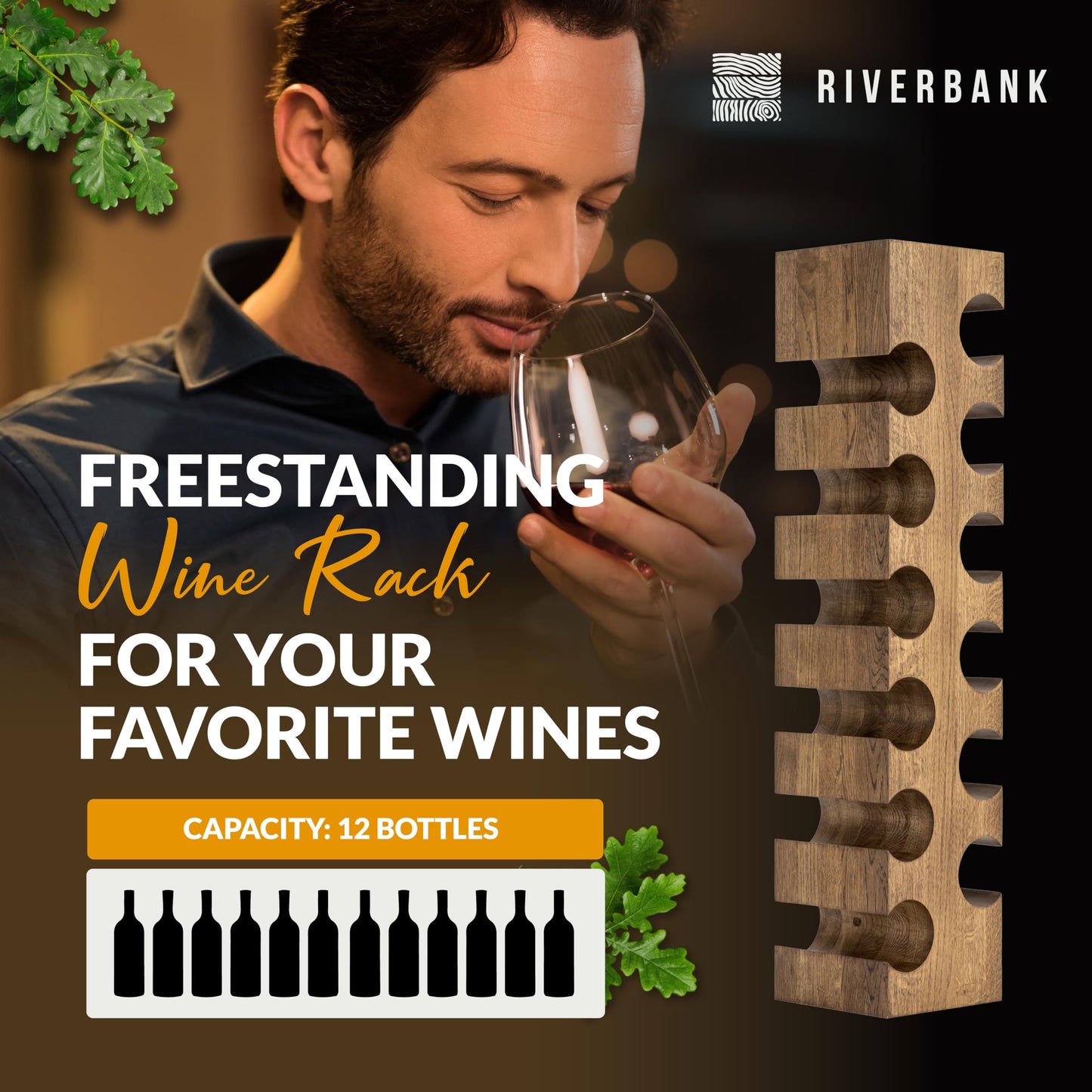 Riverbank Dark Oak Wine Rack, Elegant Free Standing 12-Bottle Holder, Made of Solid Wood, Wooden Wine Stand, Stylish & Luxurious Home Décor (Dark Oak, 12-Bottles)