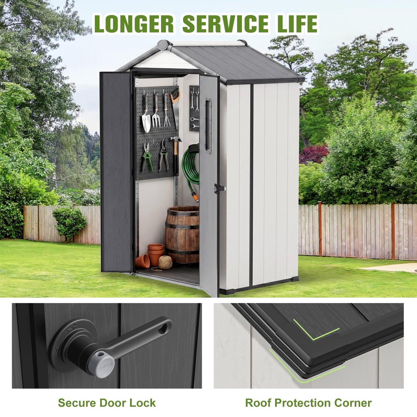 COOS BAY 5x3 Outdoor Storage Shed with Floor, Lockable Doors, All-Weather Resin Garden Tool Shed, White/Gray