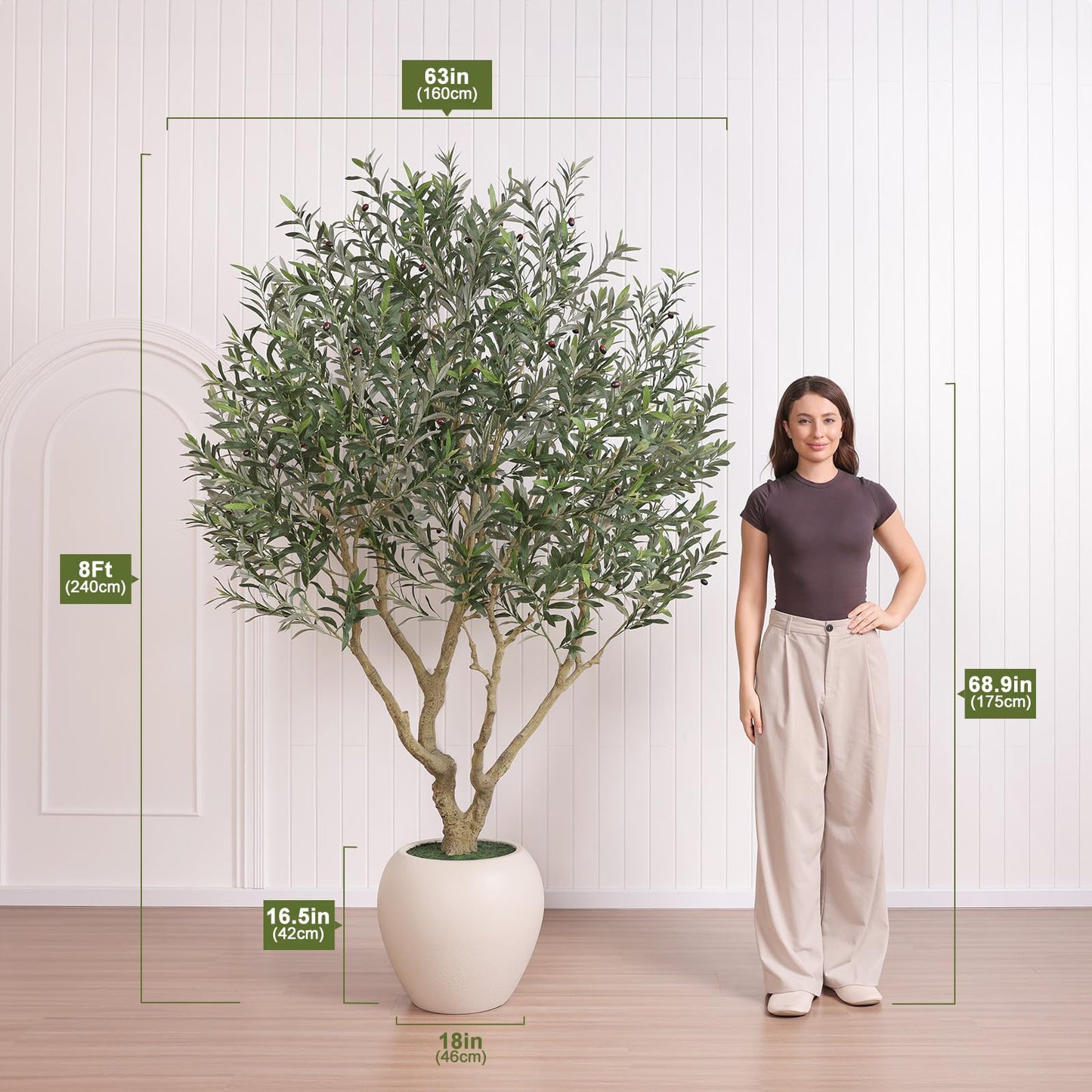 Verinatural Olive Tree Artificial Indoor, 8FT Tall Faux Olive Tree with 18in White Planter, Artificial Plants with Natural Wood Trunk and Lifelike Fruits for Home Office Decor,VN205