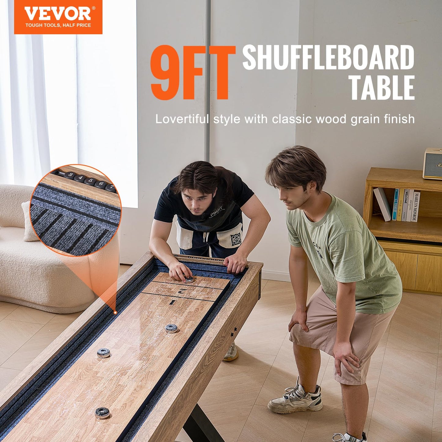 VEVOR Shuffleboard Table, 9 ft Shuffleboard for Family Game Rooms, 2 in 1 Shuffleboard and Bowling Combo Game Set, with Scratch-Resistant Playfield, Legs, 8 Pucks, Bowling Set, Wax, and Table Brush