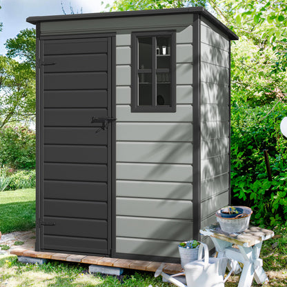 DWVO 5x3ft Resin Outdoor Storage Shed with Floor, Waterproof Lockable Storage Shed with Window, Plastic Outside Tool Storage for Garden, Backyard Patio