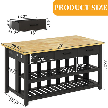 DynJest 60" Solid Rubberwood Kitchen Island with Power Outlets - Extra Large Work Surface, 3 Drawers & 2 Open Shelves Storage Cabinet for Kitchen Dining Room, Farmhouse Style (Black)