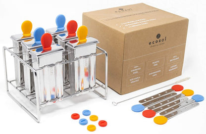 Ecozoi Stainless Steel Popsicle Molds – Reusable Metal Paleta Maker Set with 6 Molds, 6 Sticks, 12 Silicone Seals & Cleaning Brush – Easy Release Ice Pop Maker for Kids & Adults, 3 oz Each