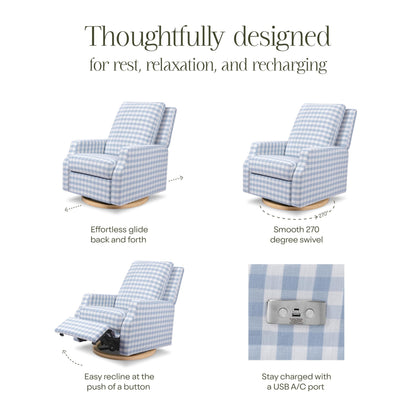 Namesake Crewe Glider Recliner Nursery Chair - GREENGUARD Gold & Certi-PUR US Certified Rocker Recliner - Glider Rocking Chair for Nursery & Living Room - Electronic, 270° Swivel, Blue Gingham