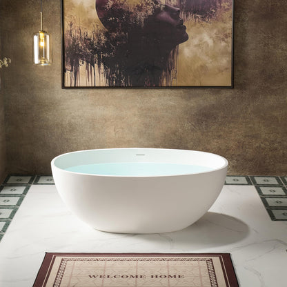 WOODBRIDGE 55 Stone Resin Freestanding Soaking Tub, Modern Oval Solid Surface Bathtub with Integrated Slotted Overflow & Drain, Matte White, B0043
