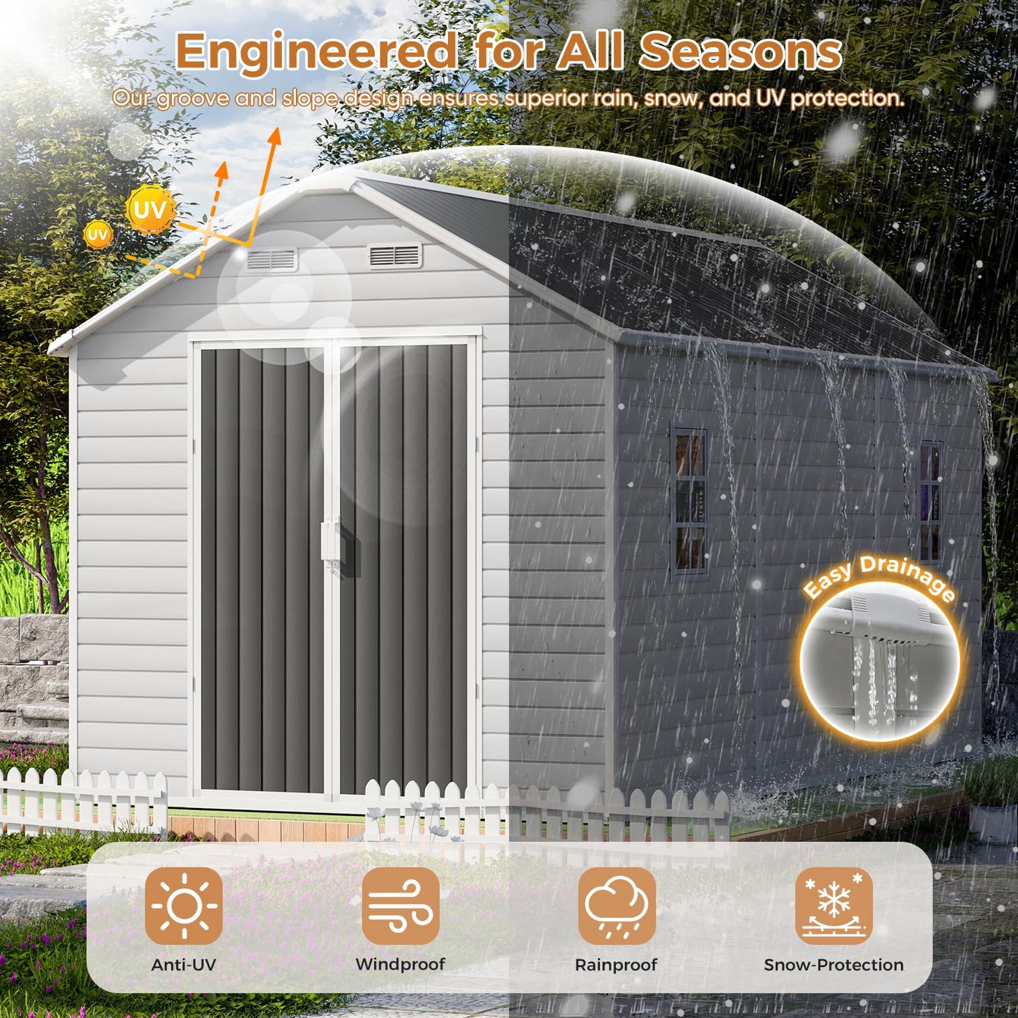 CDCASA 8x14 FT Resin Storage Shed with Floor Included, Steel‑Reinforced Large Waterproof Outside Plastic Storage Sheds with Base, 2 Adjustable Openable Window for Garden Backyard Patio Lawn, Dove Grey