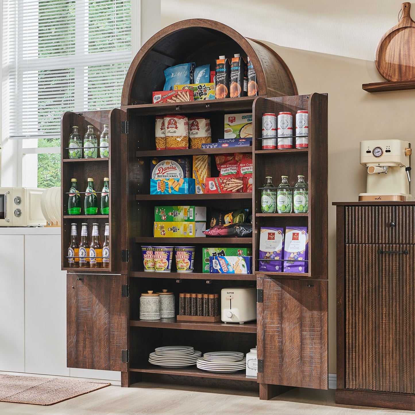 IFGET 71" Tall Arched Kitchen Pantry, Modern Fluted Wood Storage Cabinet with Doors, 3 Adjustable Shelves, 6 Door Shelves, Organizer, Versatile Cupboard for Kitchen, Bathroom, Brown