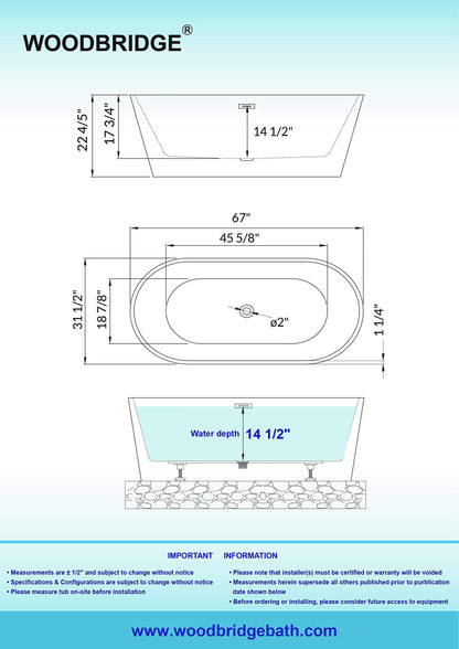 WOODBRIDGE 67" Acrylic Freestanding Bathtub Contemporary Soaking White Tub with Brushed Gold Overflow and Drain，B0013-BG