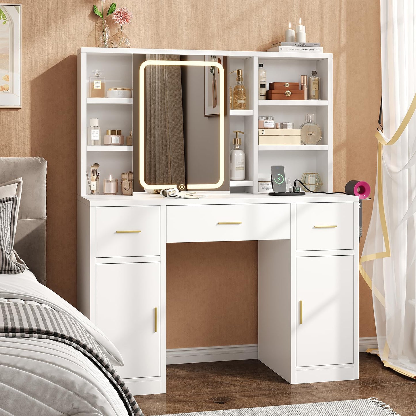 knoworld Vanity Desk with Sliding Mirror & LED Lights, Smart Makeup Table with Charging Station, Hairdryer Holder, 7 Shelves, 3 Drawers, 2 Cabinets, Vanity with Extra Hidden Stroage for Bedroom,White