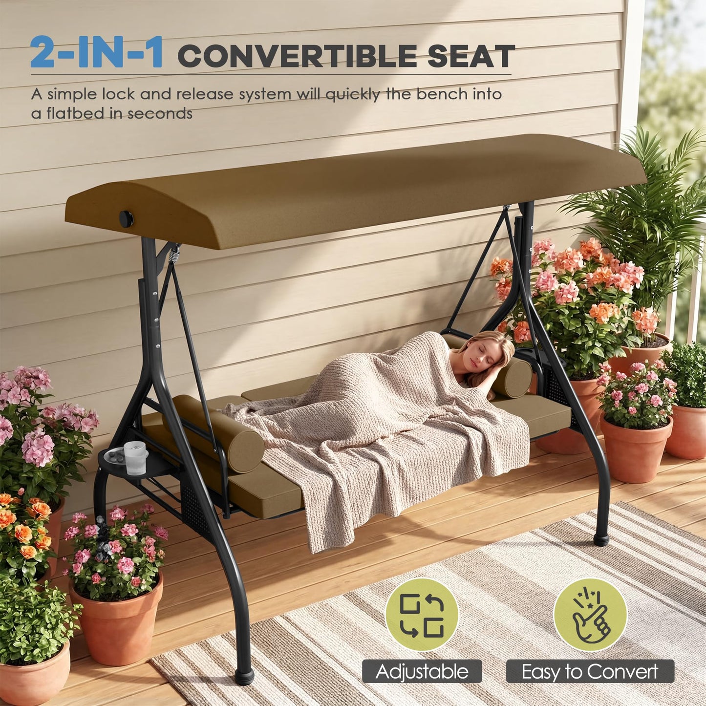 Patiomore 3 Seat Outdoor Porch Swing Chair, Adjustable Canopy Swing Bench, Convertible Backrest Swing Bed with Thicken Cushions, Pillow & Cup Hold (Beige)