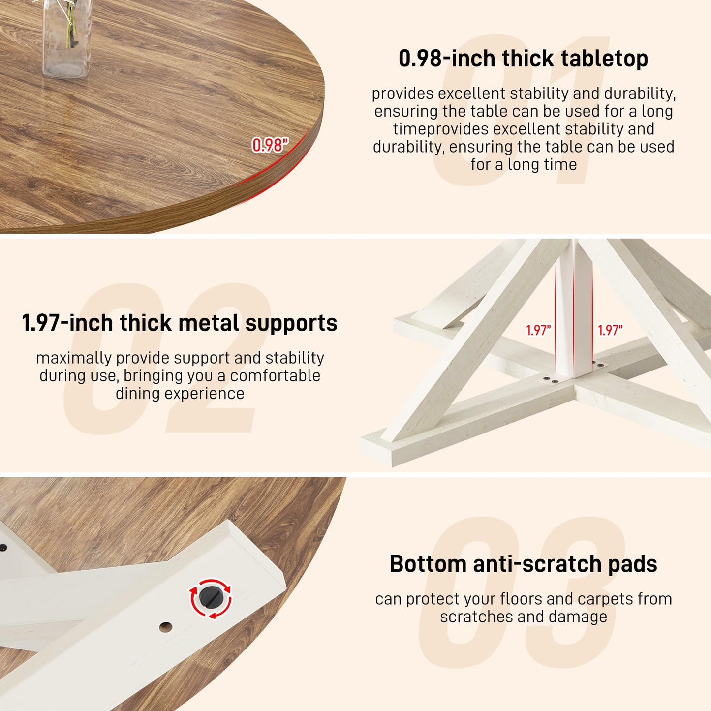Round Wood Dining Table for Kitchen,Dining Room,Living Room,Farmhouse Dinner Tables W/Thickened Brown Wooden Waterproof Tabletop for 4 People,47 inch Rustic Kitchen Table W/Metal Support(OAK)