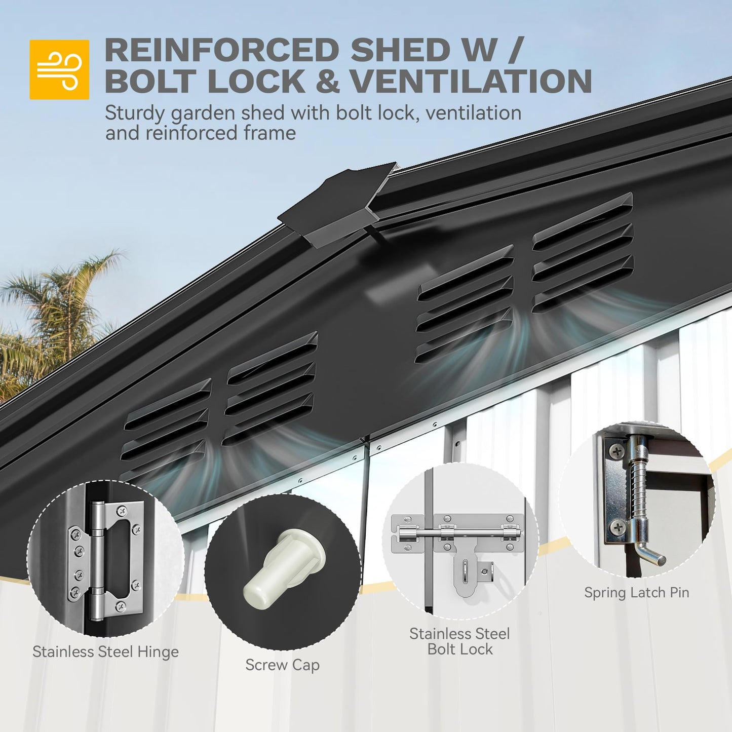 DWVO 7x5ft Metal Outdoor Storage Shed, Waterproof Tool Shed Heavy-Duty Storage Unit with Lockable Door and Vents, Ideal for Bicycles, Tools, Lawnmowers, Backyards, Patios, Lawns - White