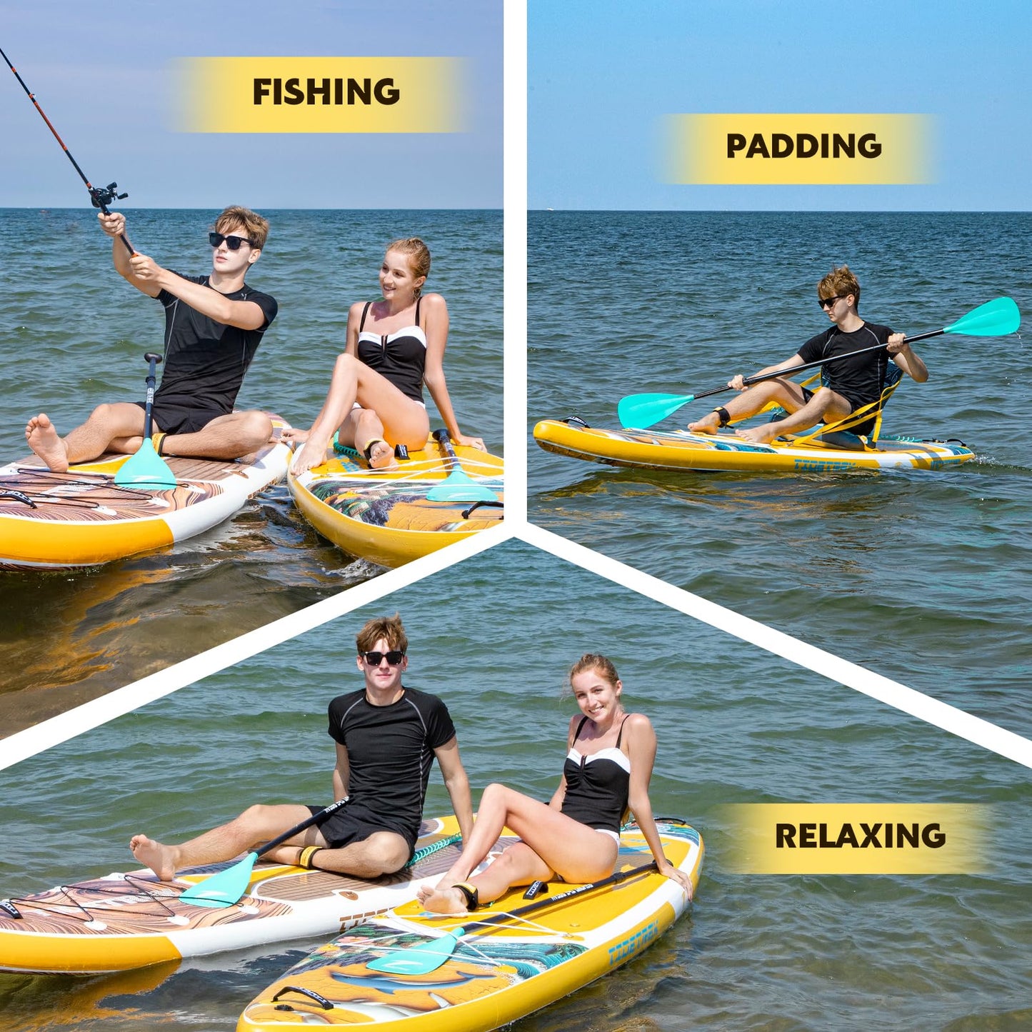 TIDETREK 11'/11'6" x 33"/34" x 6" Inflatable SUP Paddle Board – Extra-Wide, Stable Stand Up Paddle Board with Premium Full Accessory Set for Adults & Youth (Sunny Wave/Kayak Seat, 11'6"x33"x6")
