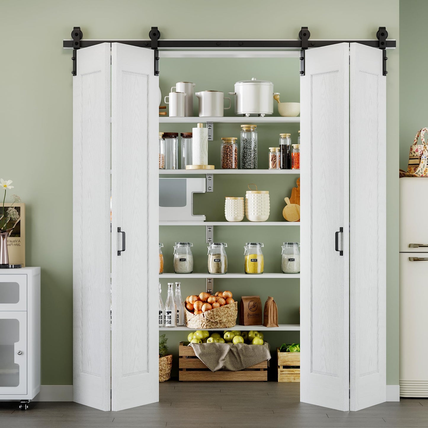 64" x 84" 1 Panel Bifold Barn Door, 72" Track Kit for 4 Closet Doors, Pre-Assembled Panel Bi-fold Barn Door for Pantry, Primed White Finish with Water-Resistant and Scratch-Resistant, Paintable