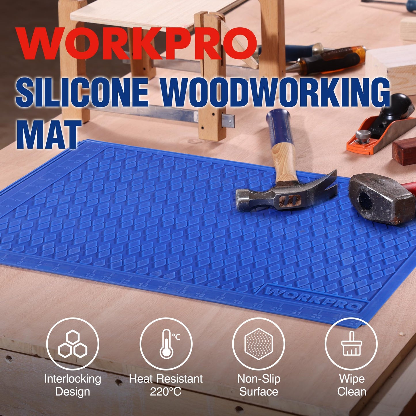 WORKPRO Silicone Glue Mat, Non-Stick Heat-Resistant Silicone Pad with Built-in Measurement Grid, Anti-Slip & Durable Surface for Resin, Epoxy, DIY, Crafts, Woodworking, Garage & Workshop