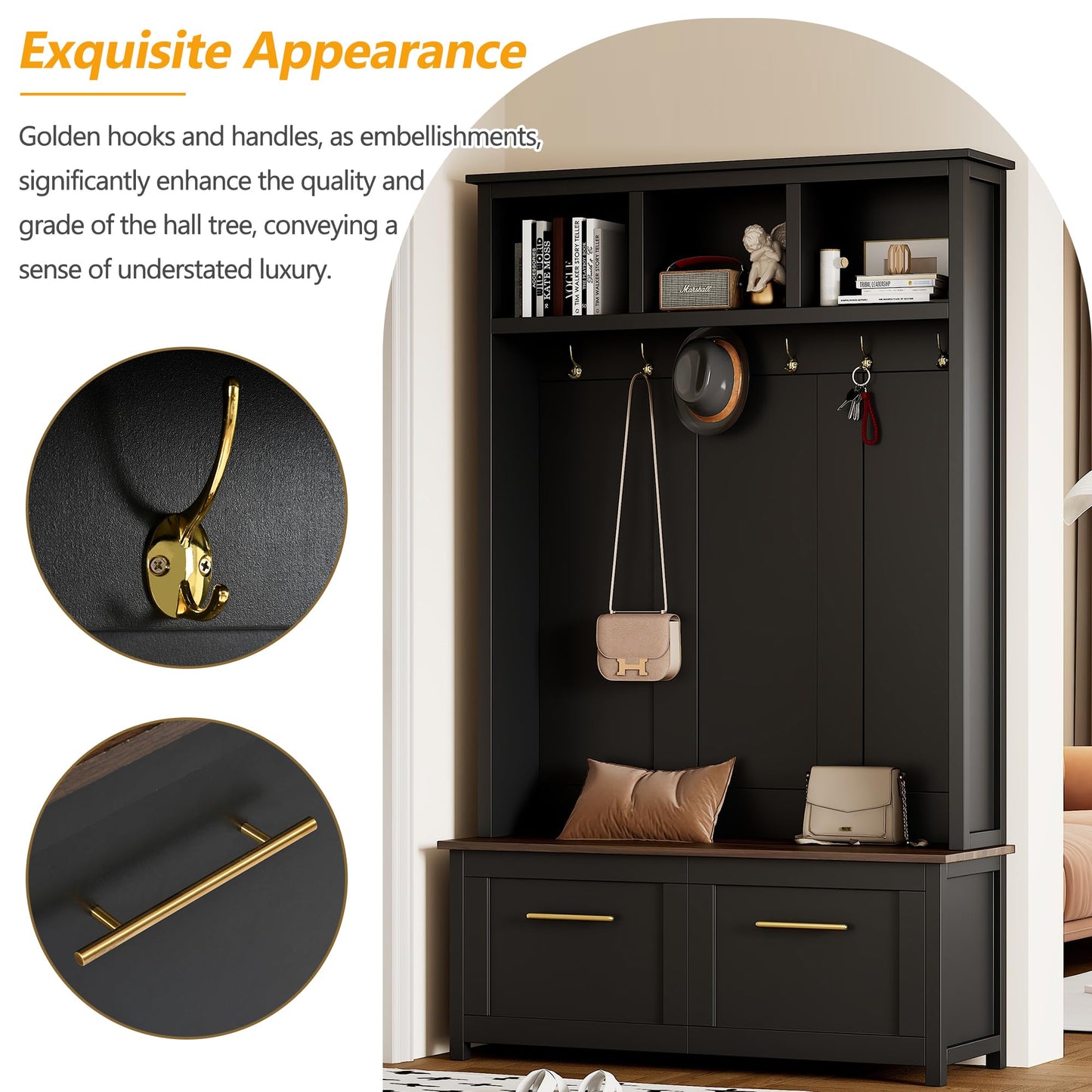 Merax 4-in-1 Hall Tree with Bench, Modern Versatile Multiple Storage Space with 6 Golden Hooks, 2 Drawers, Entryway Coat Rack for Living Room, Hallway, Black
