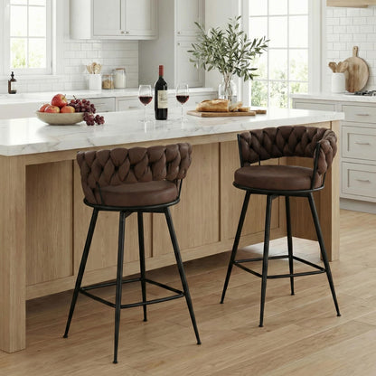 YOUNUOKE 360° Swivel Bar Stools Set of 2, 28 inch Seat Height Barstools with Woven Low Back, Metal Straight Legs with Footrest, Fabric Bar Stool for Kitchen Island, Bar & Pub (2 PCS, Dark Brown)