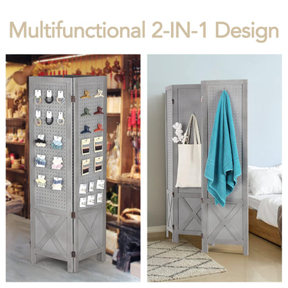 Wnutrees 4 Panel Pegboard Display, 5 Ft Wood Folding Privacy Screens Room Divider, Portable Freestanding Display Board for Craft/Art Shows, Retail, Events, Wall Organizer, Rustic Barnwood, Grey