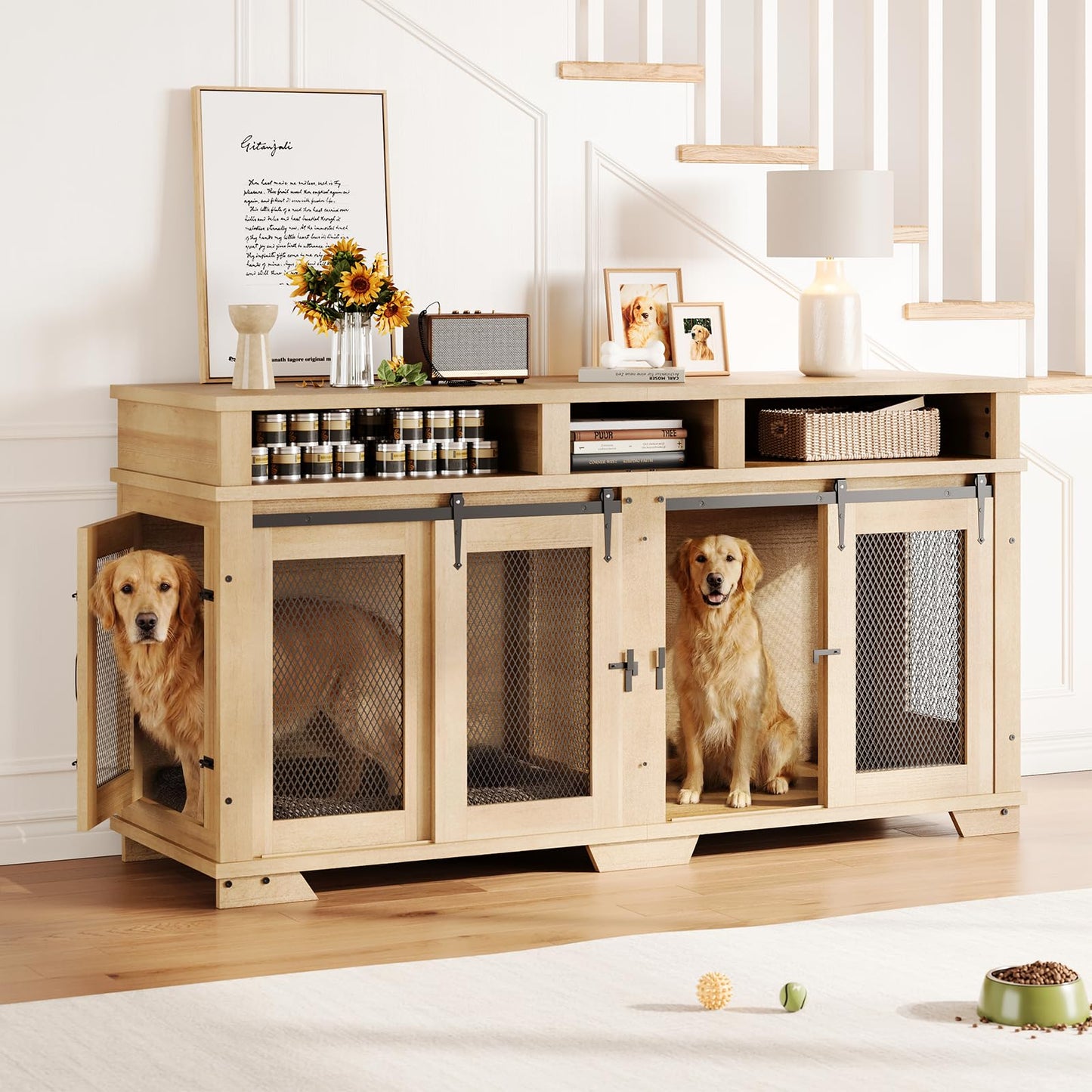 Garvee 71'' Dog Crate Furniture for 2 Dogs, Extra Large Double Dog Kennel Indoor with Removable Divider and Storage Drawers, Wooden Dog Crate TV Stand for Large Medium Dogs