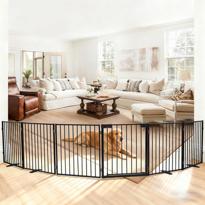 Furggis 156" Extra Wide Dog Gate, Heavy Duty Metal Freestanding Dog Gate with Door for Indoor & Outdoor, Foldable Pet Fence for Doorways,House,Porch,Deck,Yard,Stairs, Auto Close(6 Panels,Black)