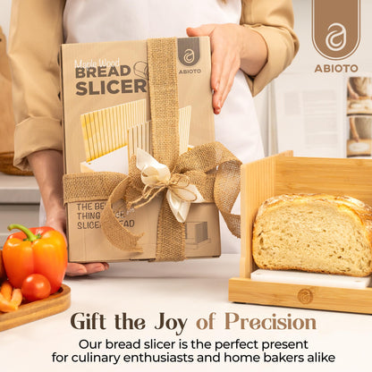 ABIOTO Bread Slicer for Homemade Bread - No Splinter with HDPE Base & Maple Finger - 4 Different Thicknesses for Uniform & Consistent Slices - Foldable Bread Cutter with Optimal Knife Grooves