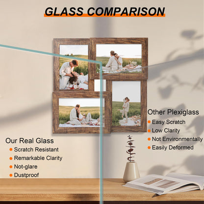 YESKAY 4x6 Collage Picture Frames, Multi Family Photo Frame with Real Glass, Displays Four 4x6 Photo, Wall Decor Wall Hanging or Tabletop, Rustic Brown