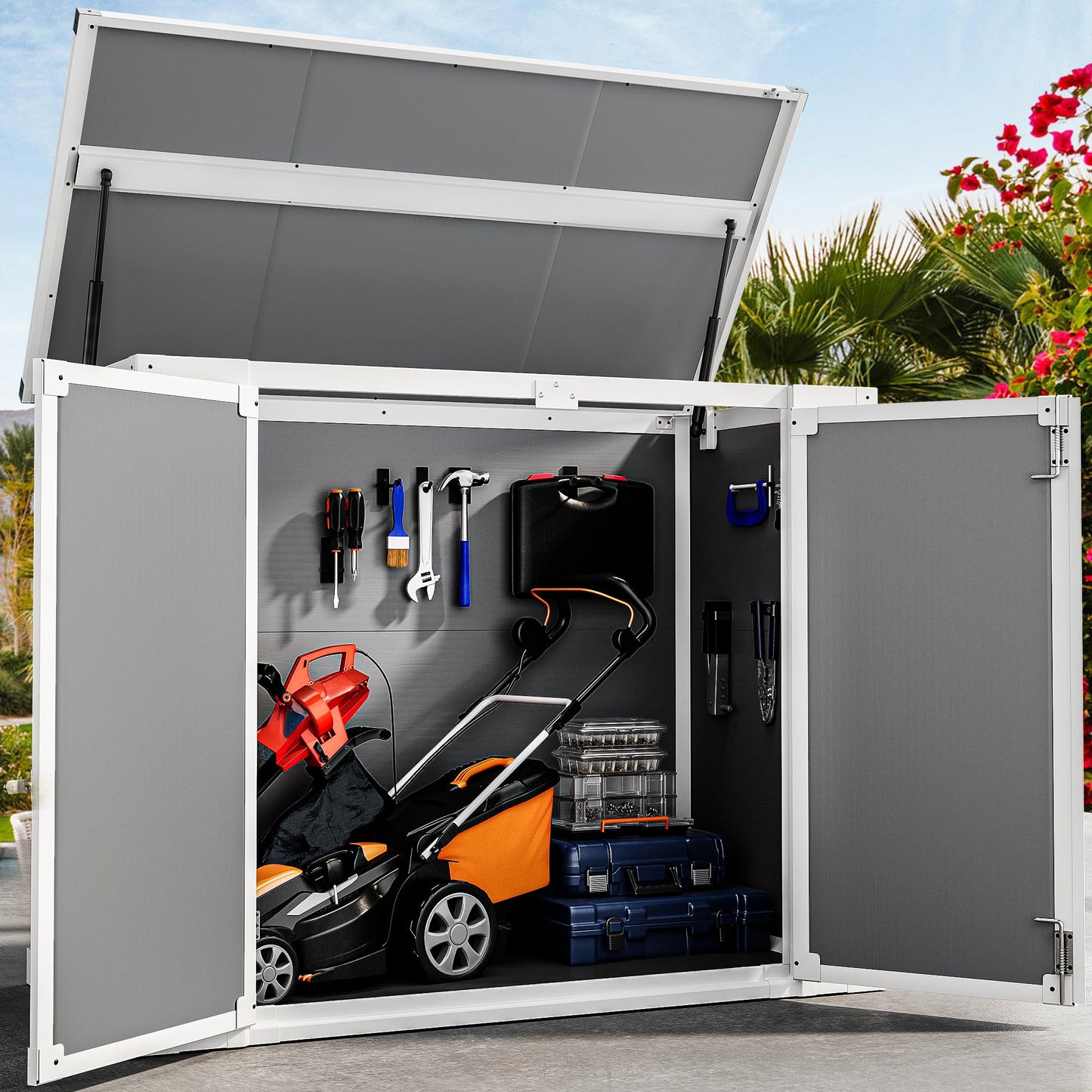DWVO 4.7x2.5 FT Outdoor Storage Shed w/o Shelf, 35Cu.ft Horizontal Resin Tool Shed with Hydraulic Gas Rod and 3 Locks for Garden, Trash Cans, All-Weather Outdoor Storage, Lockable with Floor