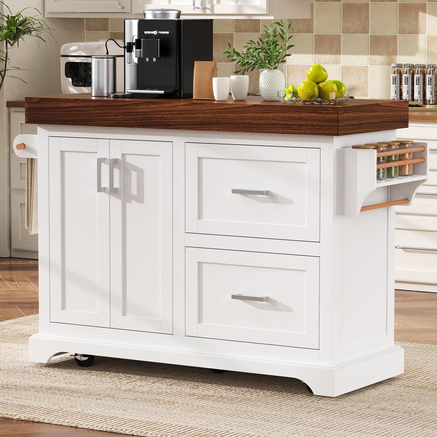 Trygoal 53" Large Kitchen Island with Ultra-Thick 3.5" Countertop, Heavy-Duty Rolling Storage Cart on 5 Wheels, 2 Extra-Large Drawers, Adjustable Cabinet Shelf, for Kitchen, White