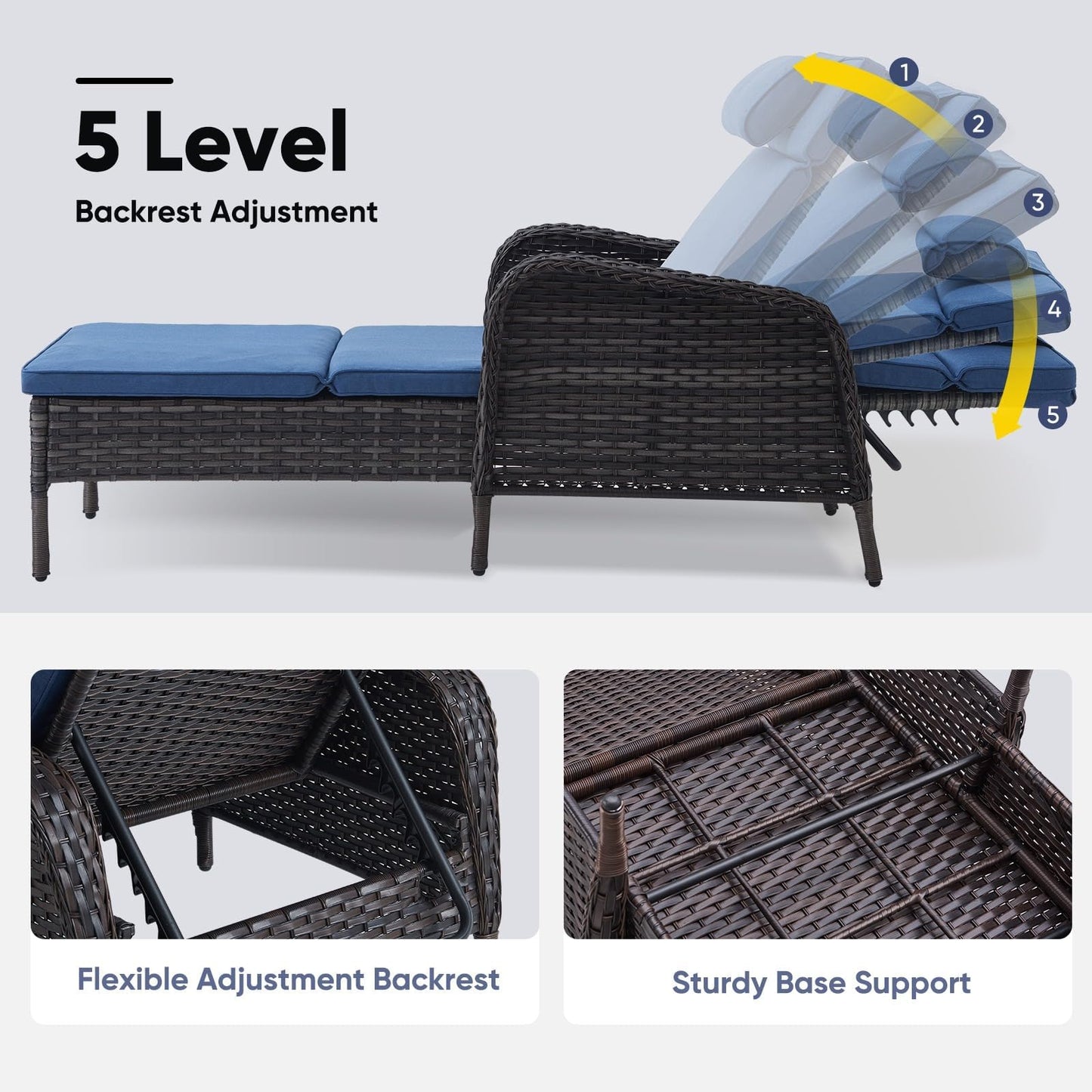 Belord Wicker Outdoor Chaise Lounge Patio Recliner - 75 Inch Adjustable Chaise Lounge with Soft Pillow Removable Cushions, All Weather Rattan Pool Lounge Chair for Poolside Deck Brown/Blue
