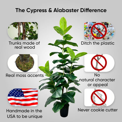 Cypress & Alabaster Handmade 6.5ft Outdoor Safe UV Resistant Artificial Rubber Fig Plant | Ficus Tree with Real Wood Trunks, Hypoallergenic, 6.5 Foot, Green