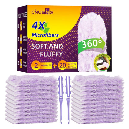Chushe Duster Refills Compatible with Swiffer, 20 Count with 2 Handles, Heavy Duty 360° 4X Microfiber Stay-On Pads, Unscented Disposable Duster for Home Pet Hair Blinds Ceiling Fans Cleaning