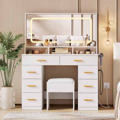 MilleLoom Vanity Desk with Large Mirror & Lights, Makeup Vanity Desk with 8 Drawers & 3 Storage Shelves, Makeup Vanity Table Set with Transparent Glass Top, Stool & Power Outlet for Bedroom, White